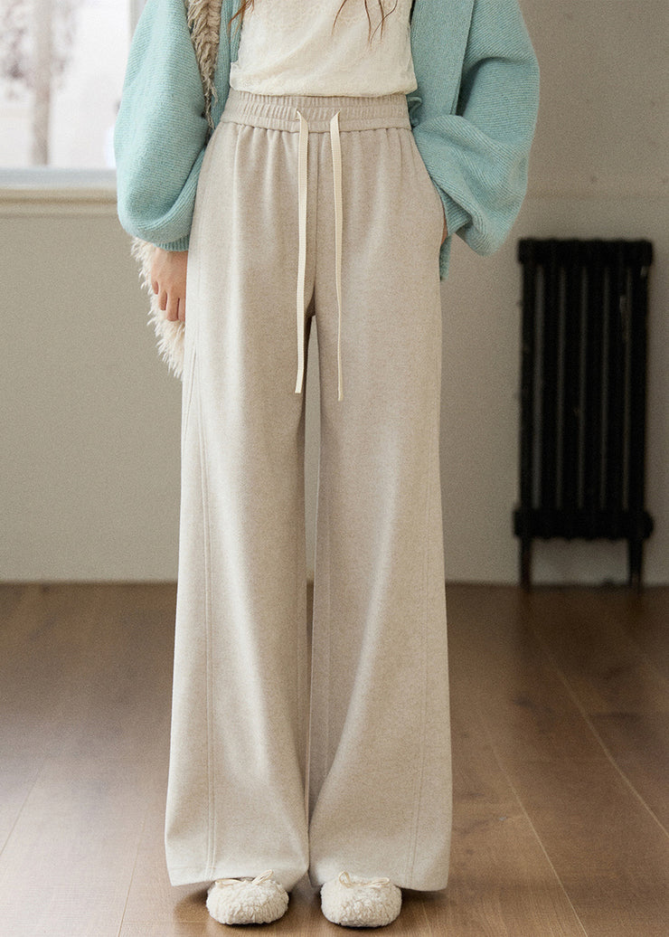 Casual Oatmeal Pockets Elastic Waist Solid Woolen Wide Leg Pants Fall