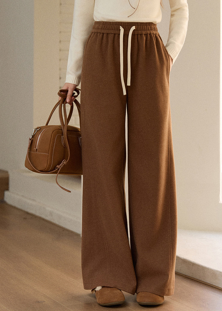 Casual Oatmeal Pockets Elastic Waist Solid Woolen Wide Leg Pants Fall