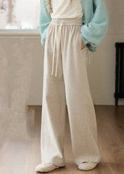 Casual Oatmeal Pockets Elastic Waist Solid Woolen Wide Leg Pants Fall