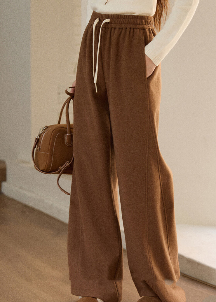 Casual Oatmeal Pockets Elastic Waist Solid Woolen Wide Leg Pants Fall