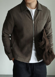 Casual Olive Green Zip Up Pockets Linen Mens Jackets Fall