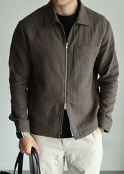 Casual Olive Green Zip Up Pockets Linen Mens Jackets Fall