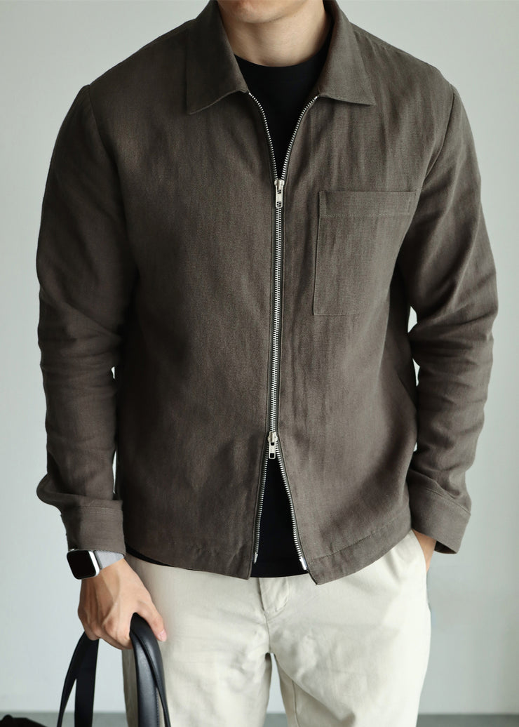 Casual Olive Green Zip Up Pockets Linen Mens Jackets Fall