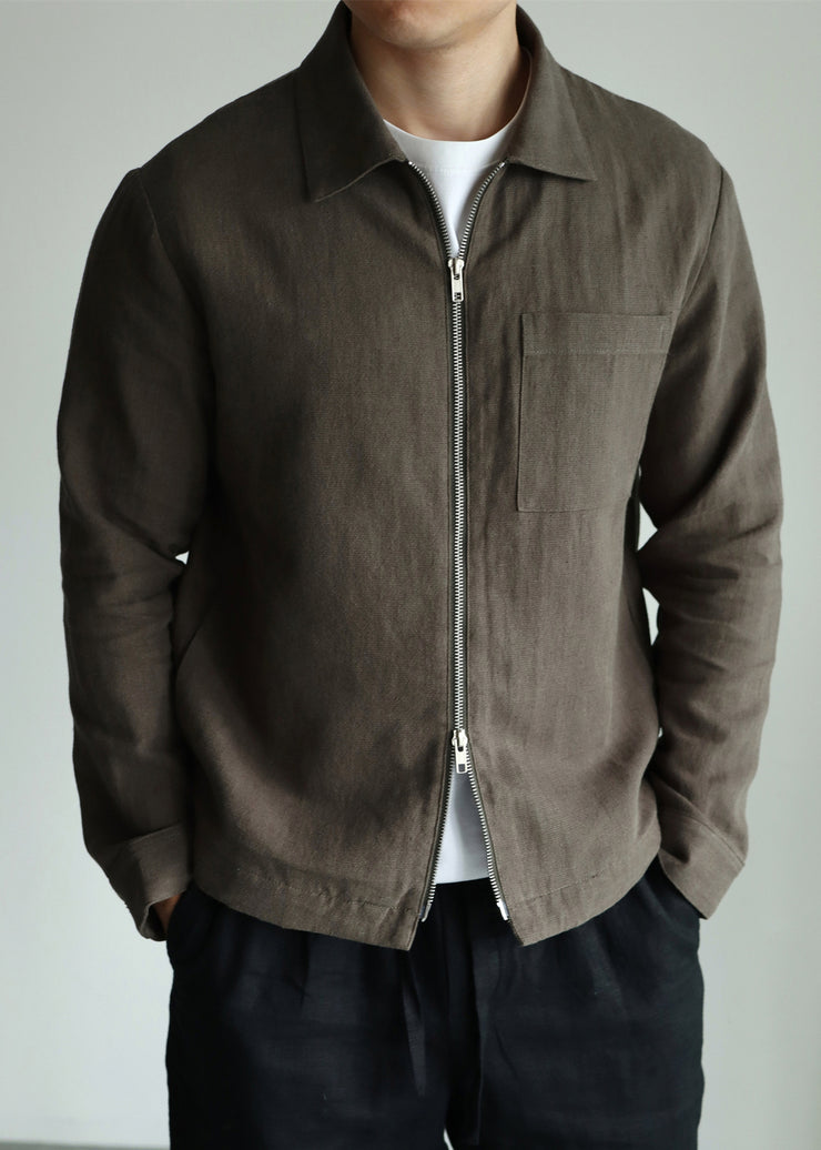 Casual Olive Green Zip Up Pockets Linen Mens Jackets Fall