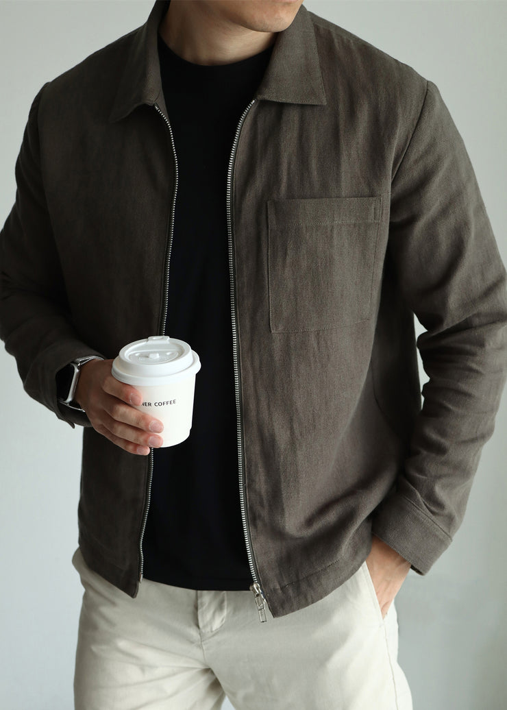 Casual Olive Green Zip Up Pockets Linen Mens Jackets Fall