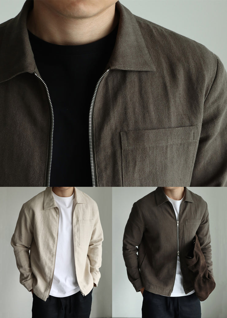 Casual Olive Green Zip Up Pockets Linen Mens Jackets Fall