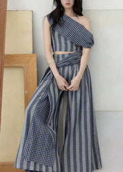 Casual One Shoulder Striped Top And Wide Leg Pants Two Pieces Set Summer