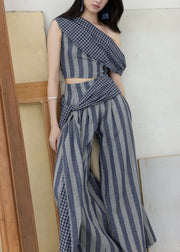 Casual One Shoulder Striped Top And Wide Leg Pants Two Pieces Set Summer
