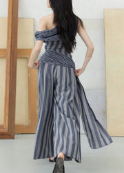 Casual One Shoulder Striped Top And Wide Leg Pants Two Pieces Set Summer