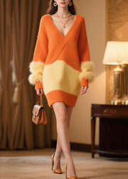 Casual Orange V Neck Patchwork Faux Fur Knitwear Dress Winter