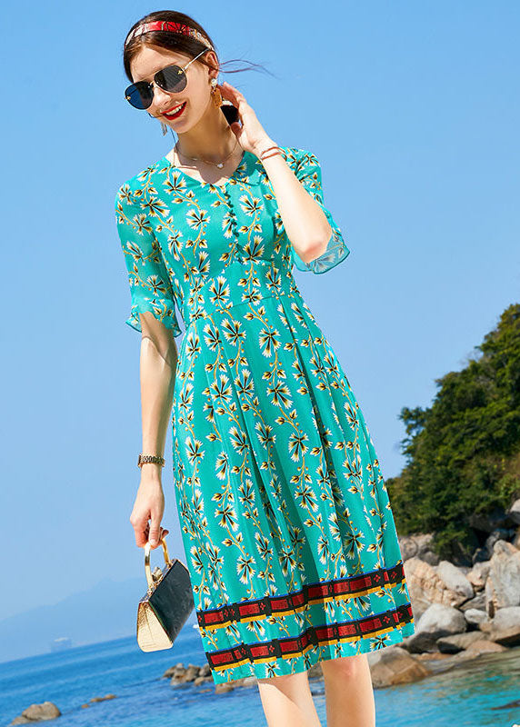 Casual Peacock Green V Neck Print Elastic Waist Silk Dress Short Sleeve