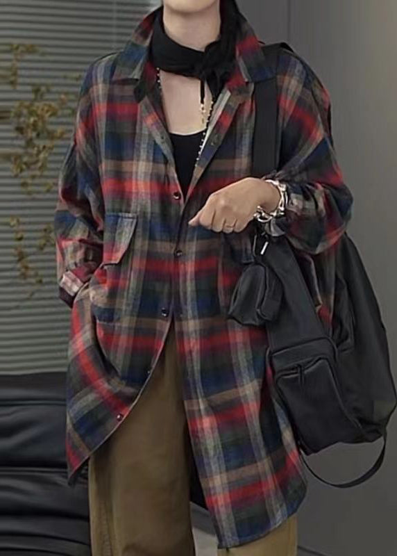 Casual Peter Pan Collar Plaid Pockets Cotton Shirt Tops Spring