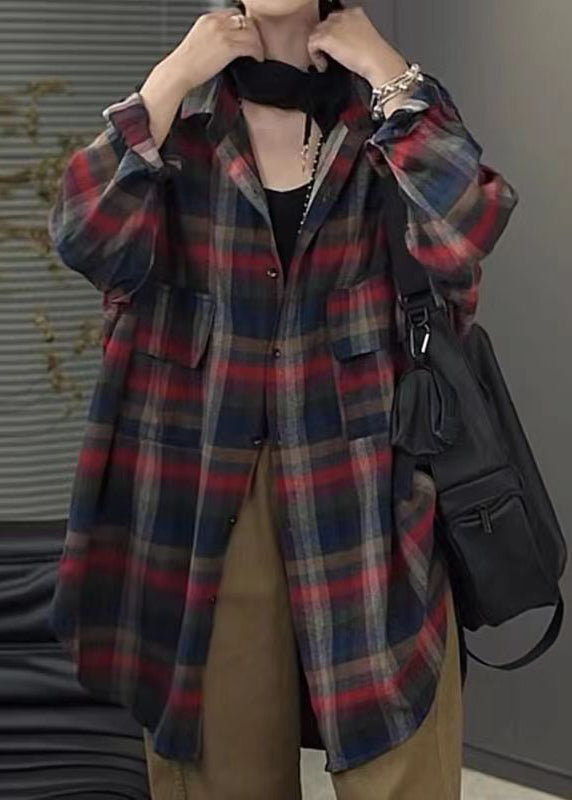 Casual Peter Pan Collar Plaid Pockets Cotton Shirt Tops Spring