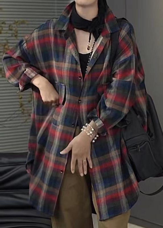 Casual Peter Pan Collar Plaid Pockets Cotton Shirt Tops Spring