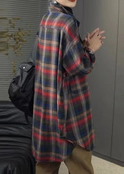 Casual Peter Pan Collar Plaid Pockets Cotton Shirt Tops Spring