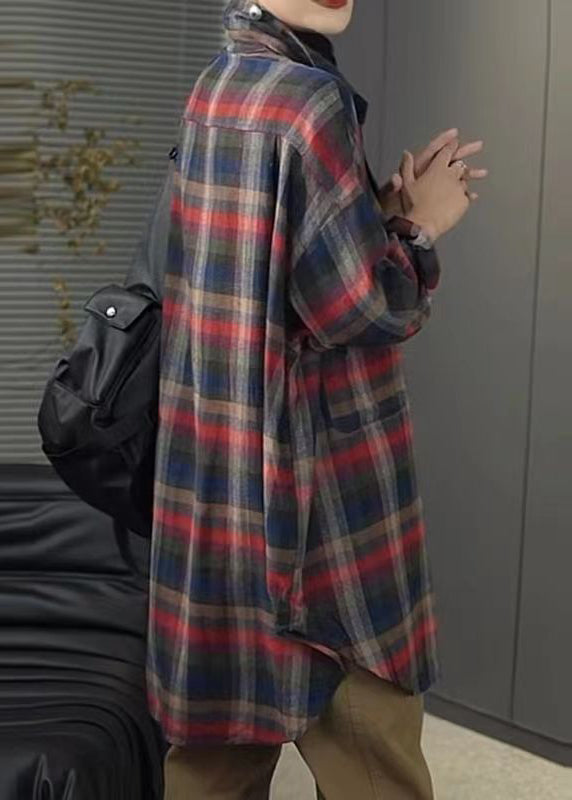 Casual Peter Pan Collar Plaid Pockets Cotton Shirt Tops Spring