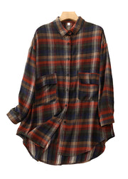 Casual Peter Pan Collar Plaid Pockets Cotton Shirt Tops Spring