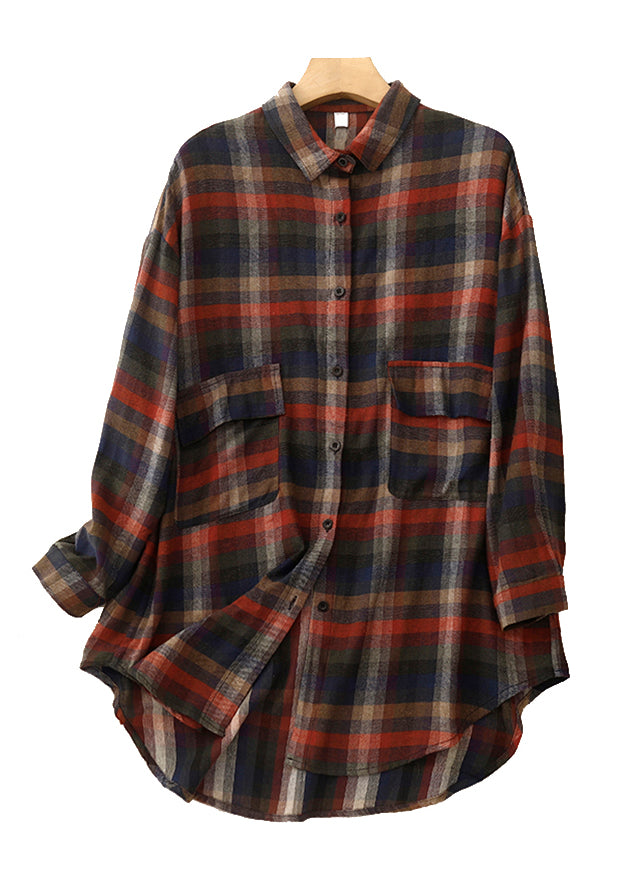Casual Peter Pan Collar Plaid Pockets Cotton Shirt Tops Spring