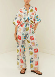Casual Peter Pan Collar Print Tops And Pants Two Piece Set Outfits Summer