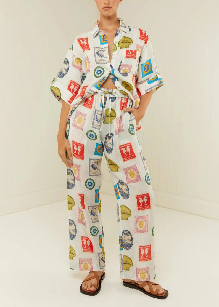Casual Peter Pan Collar Print Tops And Pants Two Piece Set Outfits Summer