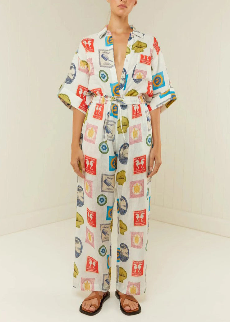 Casual Peter Pan Collar Print Tops And Pants Two Piece Set Outfits Summer