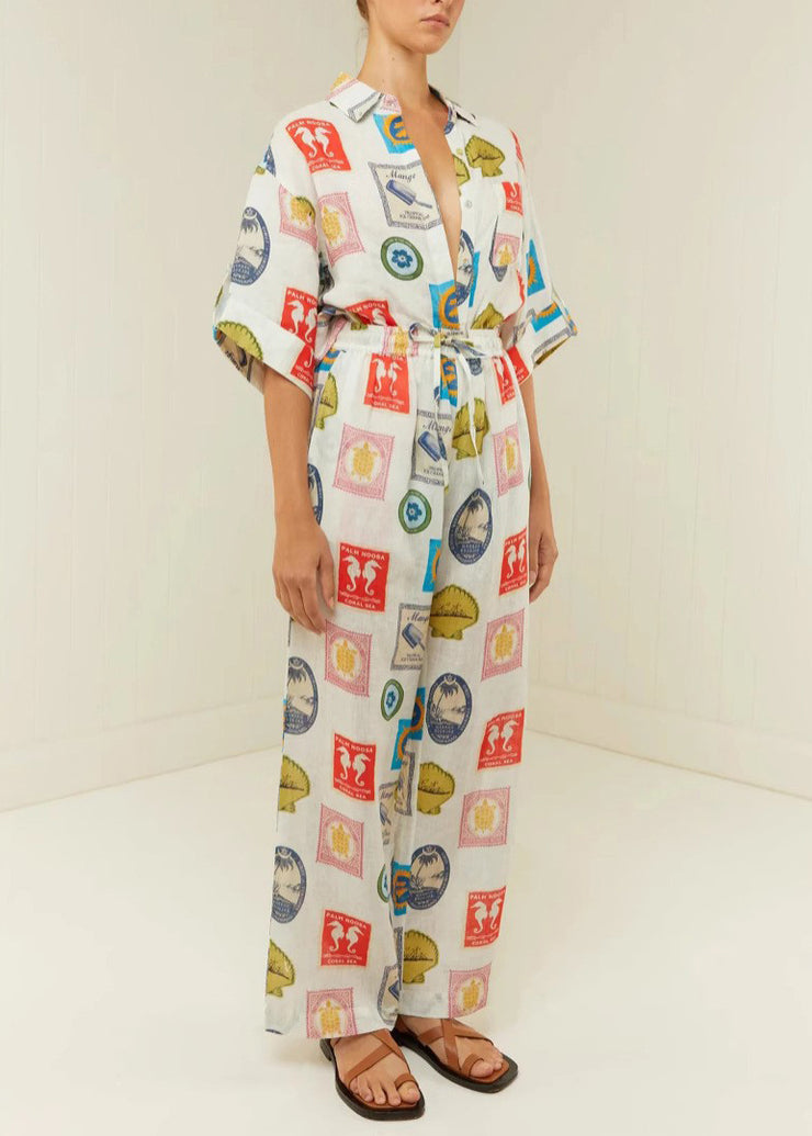 Casual Peter Pan Collar Print Tops And Pants Two Piece Set Outfits Summer