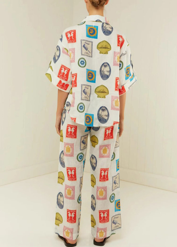 Casual Peter Pan Collar Print Tops And Pants Two Piece Set Outfits Summer