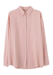 Casual Pink Peter Pan Collar Cotton Shirt Long Sleeve