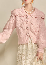 Casual Pink Peter Pan Collar Floral Cotton Knit Cardigans Lantern Sleeve