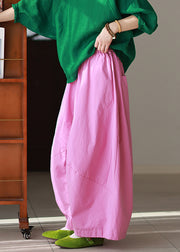 Casual Pink Pockets Solid High Waist Cotton Summer Pants