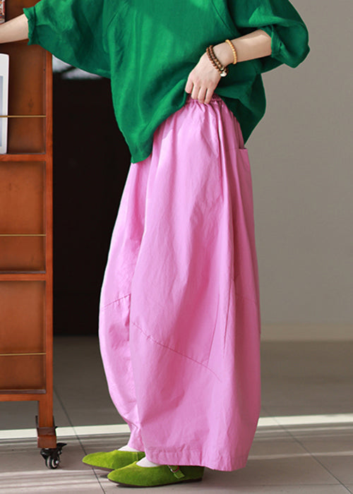 Casual Pink Pockets Solid High Waist Cotton Summer Pants
