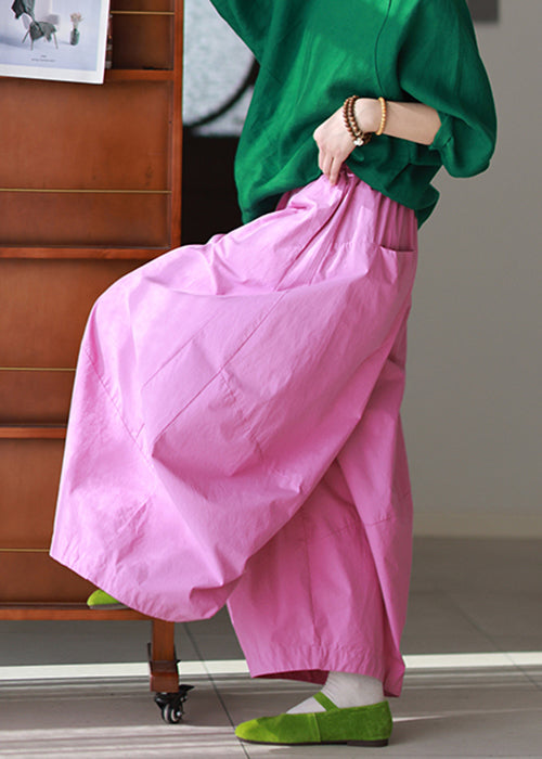 Casual Pink Pockets Solid High Waist Cotton Summer Pants