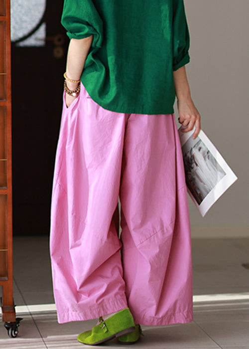 Casual Pink Pockets Solid High Waist Cotton Summer Pants