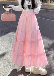Casual Pink Ruffled Patchwork Cotton Skirt Fall