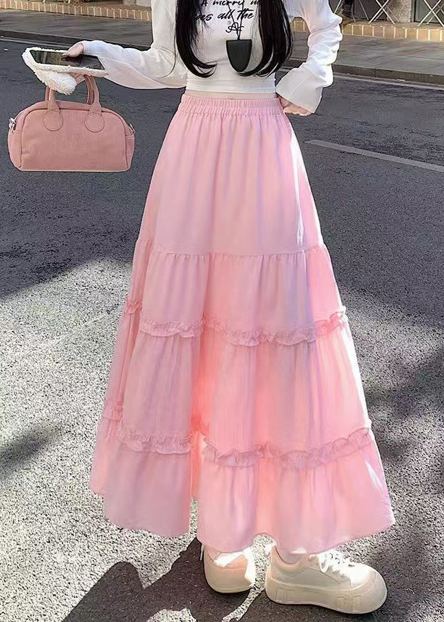 Casual Pink Ruffled Patchwork Cotton Skirt Fall