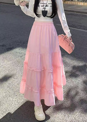 Casual Pink Ruffled Patchwork Cotton Skirt Fall