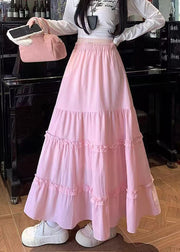 Casual Pink Ruffled Patchwork Cotton Skirt Fall