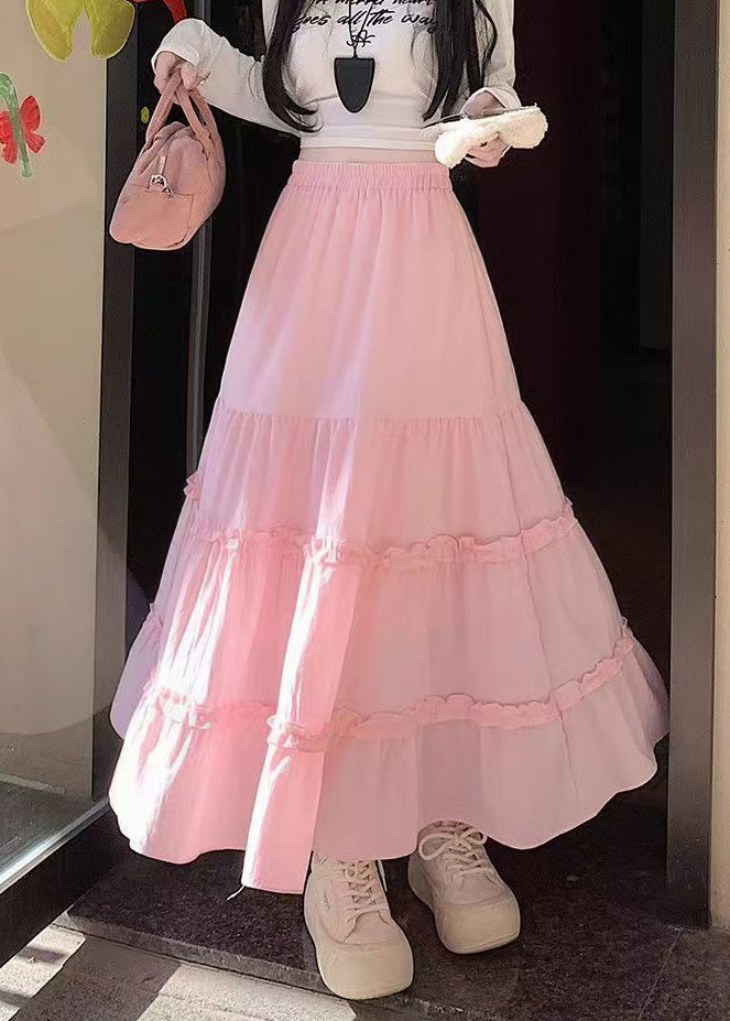 Casual Pink Ruffled Patchwork Cotton Skirt Fall