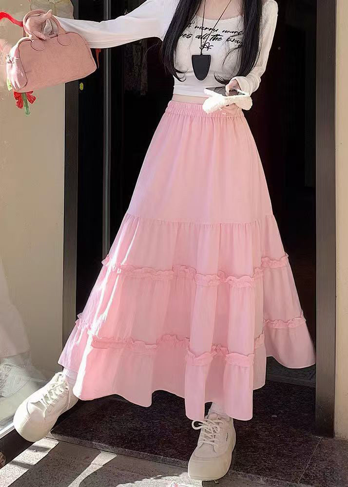 Casual Pink Ruffled Patchwork Cotton Skirt Fall