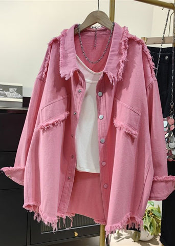 Casual Pink Tasseled Oversized Denim Shirts Coat Fall