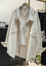 Casual Pink Tasseled Oversized Denim Shirts Coat Fall