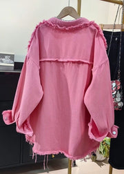 Casual Pink Tasseled Oversized Denim Shirts Coat Fall