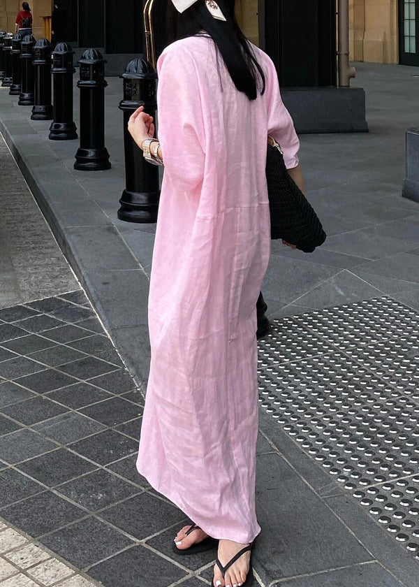 Casual Pink V Neck Cotton Long Dresses Summer