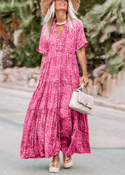 Casual Pink V Neck Print Long Dresses Summer