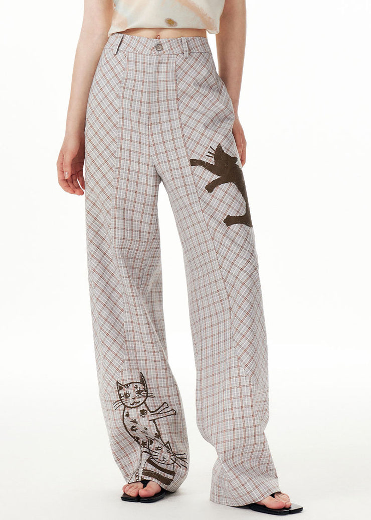 Casual Plaid Print High Waist Pockets Wide Leg Pants Fall