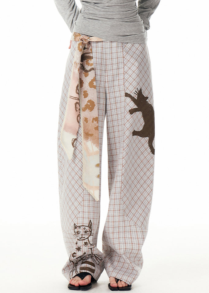 Casual Plaid Print High Waist Pockets Wide Leg Pants Fall