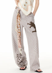 Casual Plaid Print High Waist Pockets Wide Leg Pants Fall