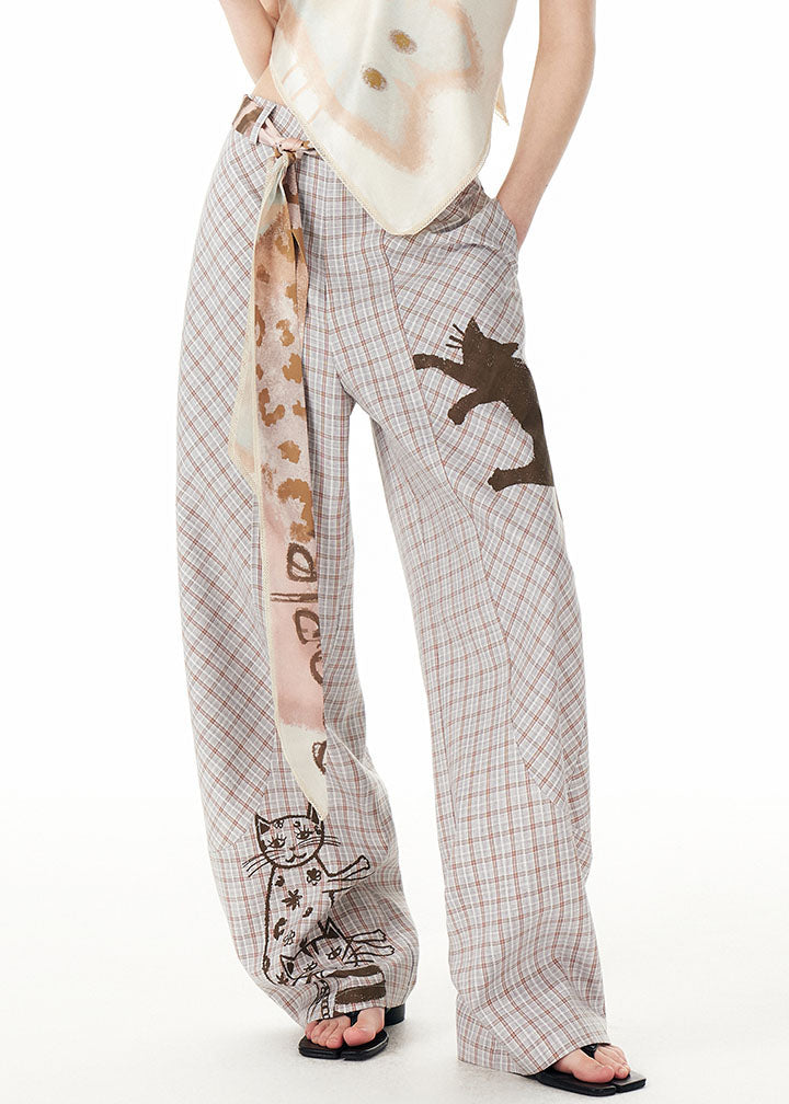 Casual Plaid Print High Waist Pockets Wide Leg Pants Fall