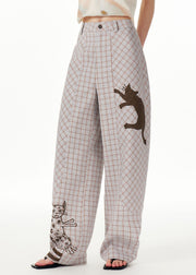 Casual Plaid Print High Waist Pockets Wide Leg Pants Fall