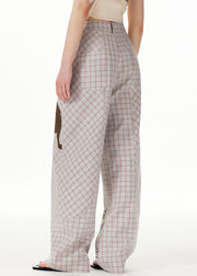 Casual Plaid Print High Waist Pockets Wide Leg Pants Fall